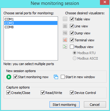 Creating a new session with Serial Port Monitor